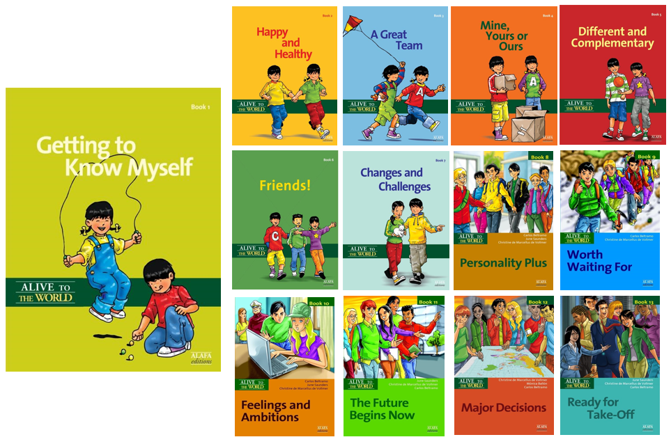 Mosaico de portadas de la serie de libros Alive to the World, incluyendo títulos como Getting to Know Myself, Friends! y Major Decisions Mosaico de portadas de la serie de libros Alive to the World, incluyendo títulos como Getting to Know Myself, Friends! y Major Decisions
