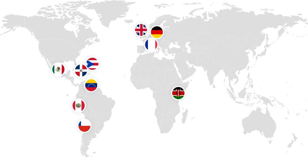 Mapamundi de color gris claro con banderas de Alemania, Chile, Francia, Kenia, México, Perú, Puerto Rico, Reino Unido, República Dominicana y Venezuela Mapamundi de color gris claro con banderas de Alemania, Chile, Francia, Kenia, México, Perú, Puerto Rico, Reino Unido, República Dominicana y Venezuela
