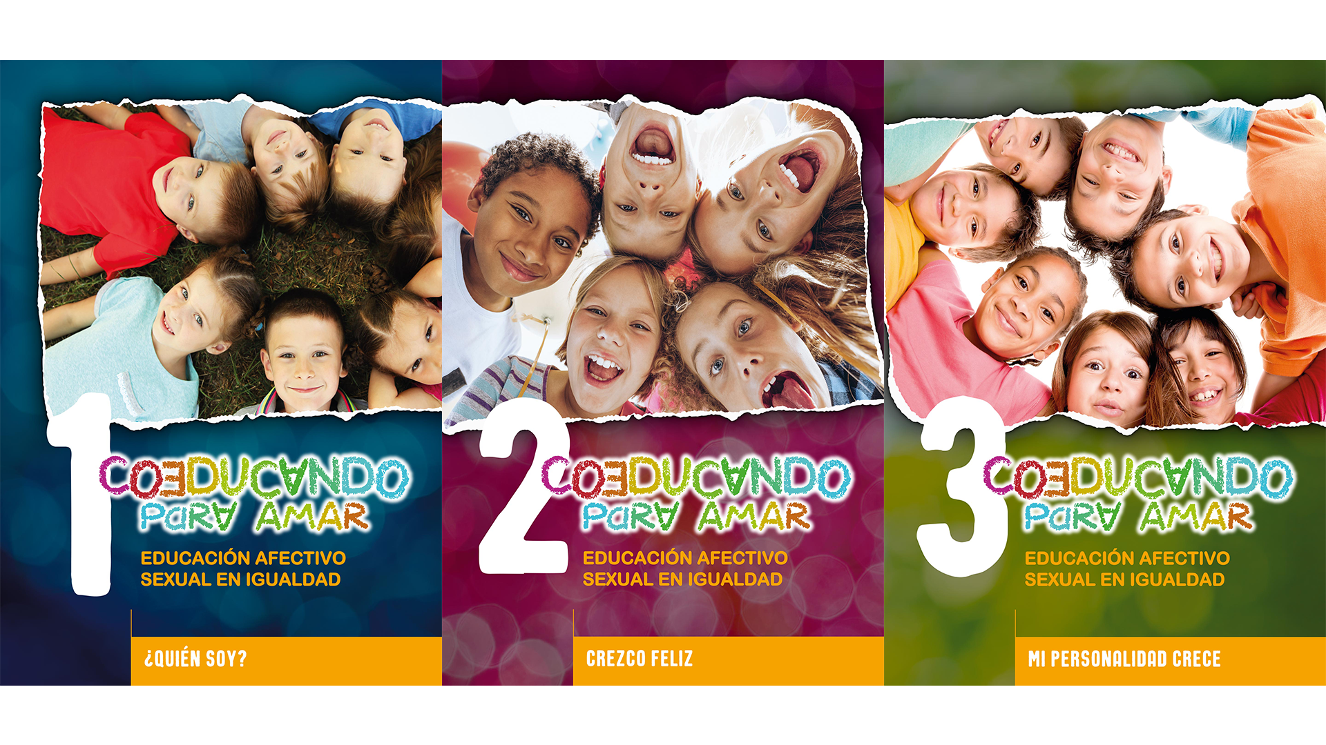 Mosaico de tres portadas de la serie Coeducando para Amar: Educación afectivo sexual en igualdad, con los títulos ¿Quién soy?, Crezco feliz y Mi personalidad crece Mosaico de tres portadas de la serie Coeducando para Amar: Educación afectivo sexual en igualdad, con los títulos ¿Quién soy?, Crezco feliz y Mi personalidad crece