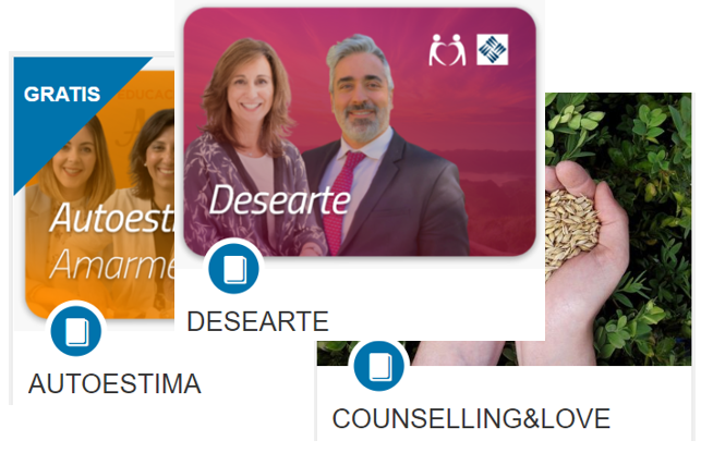Mosaico de tarjetas informativas sobre cursos de Autoestima, Desearte y Counselling & Love con fotografías de ponentes y recursos educativos Mosaico de tarjetas informativas sobre cursos de Autoestima, Desearte y Counselling & Love con fotografías de ponentes y recursos educativos
