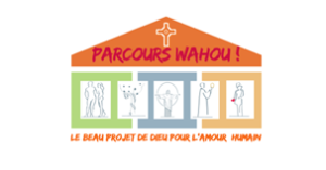 Logotipo de Parcours Wahou con ilustraciones de figuras humanas y el eslogan Le beau projet de Dieu pour l’amour humain Logotipo de Parcours Wahou con ilustraciones de figuras humanas y el eslogan Le beau projet de Dieu pour l'amour humain