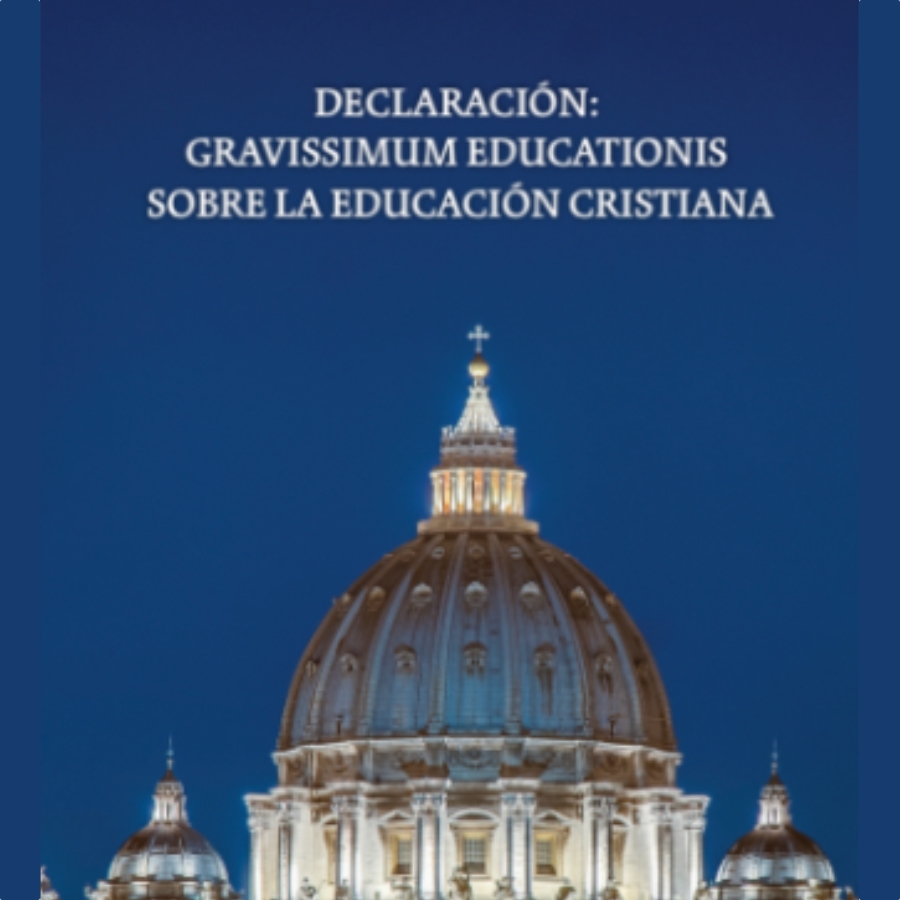 Portada del documento del Concilio Vaticano II Declaración Gravissimum Educationis sobre la Educación Cristiana, con una fotografía nocturna de la cúpula de la Basílica de San Pedro