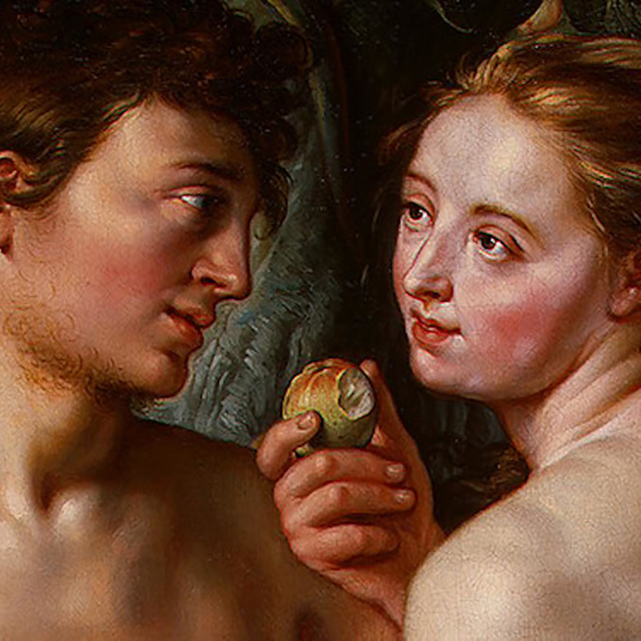 Detalle de pintura clásica de Adán y Eva en el momento de la tentación, con Eva sosteniendo una manzana mordida mientras ambos se miran