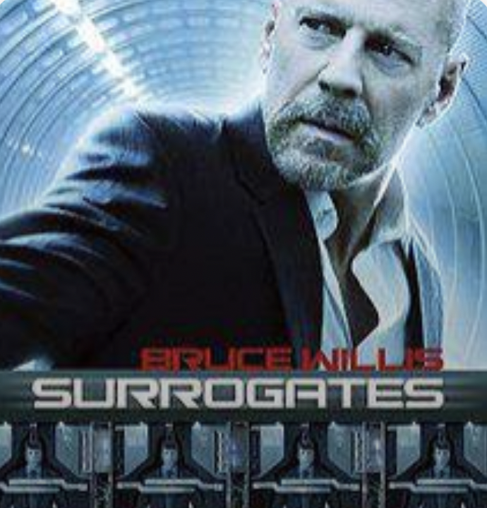 Póster de la película Surrogates protagonizada por Bruce Willis, mostrando al actor en primer plano sobre un fondo tecnológico azul