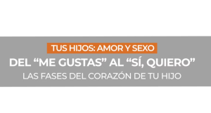 Banner con el texto Tus hijos: amor y sexo, Del me gustas al sí, quiero y Las fases del corazón de tu hijo sobre fondo gris